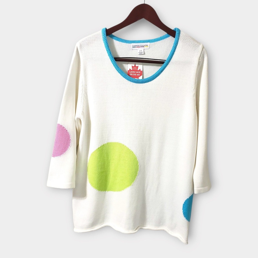 NWT Cotton Country Womens Colorful Polka Dot Knit Sweater 3/4 Sleeve Canada Lg